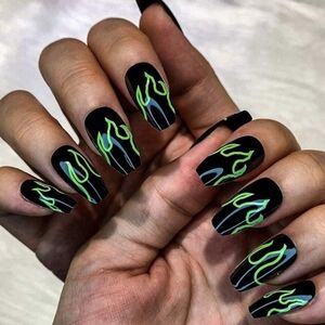 3/$15 Press On Nails Black Neon Green Flame Fire Goth Punk Medium Coffin Style